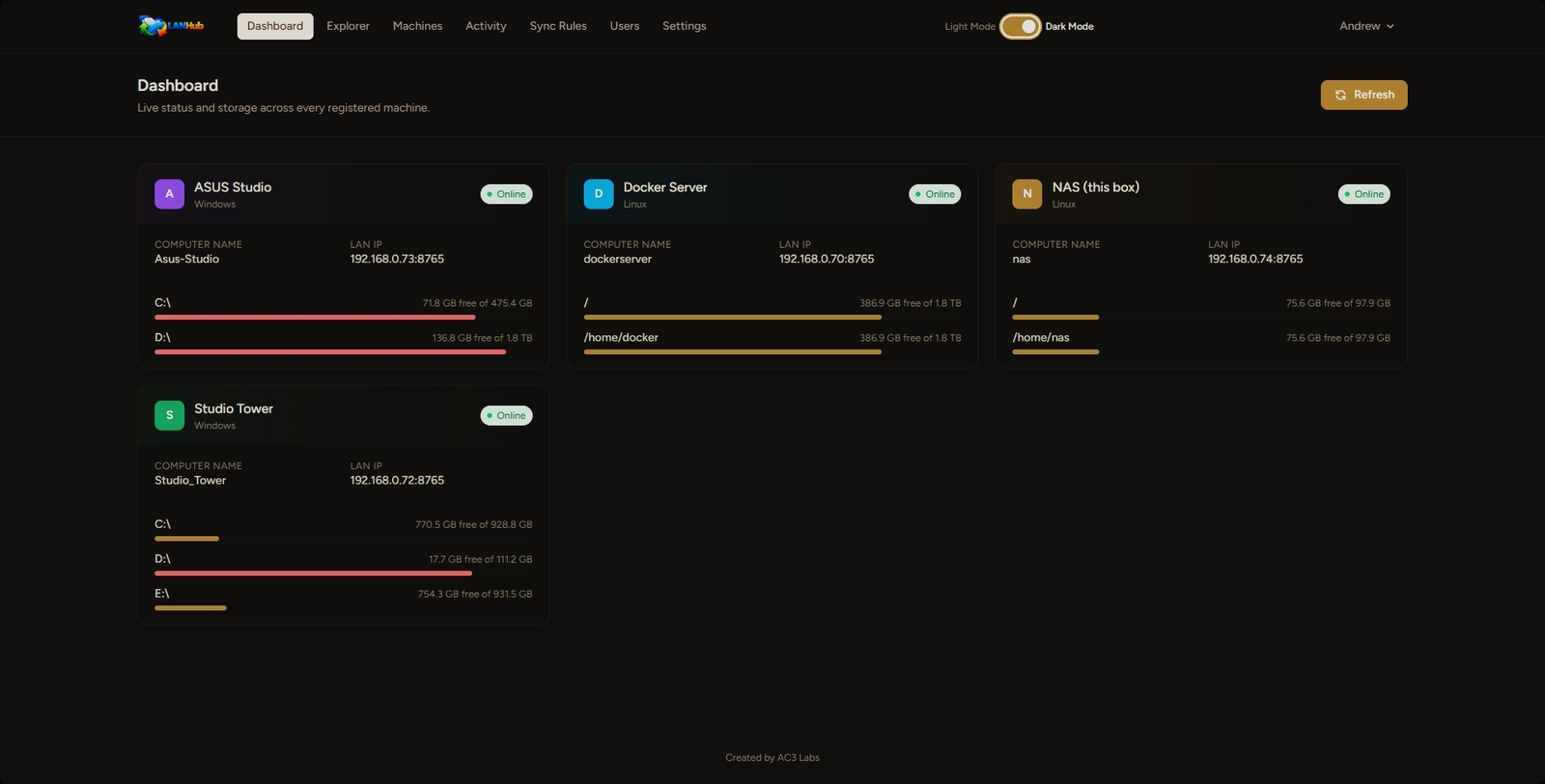 LANHub dashboard showing live status and storage for every registered machine