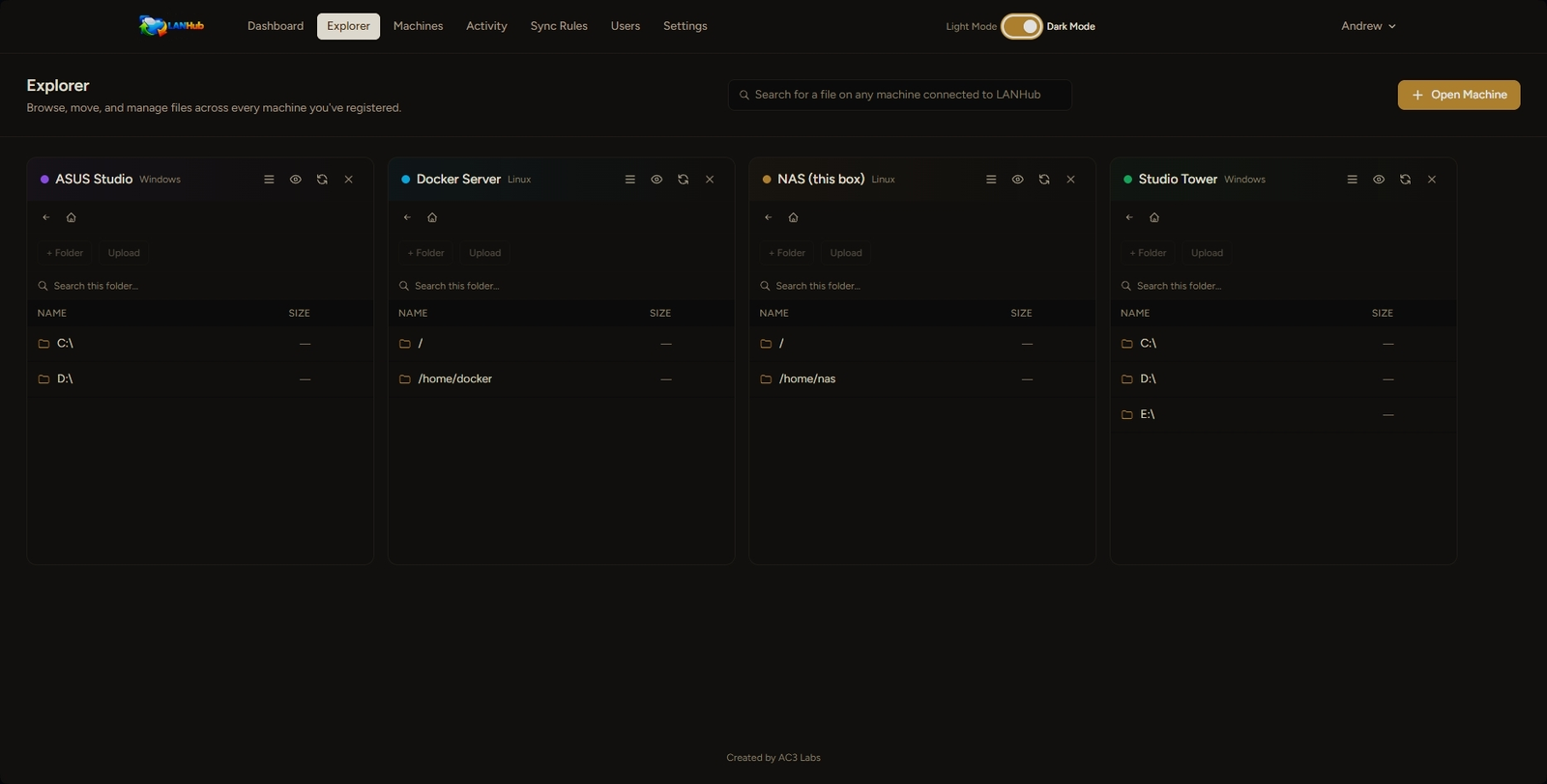 Explorer page with four open panes, one per machine, and a network-wide search bar