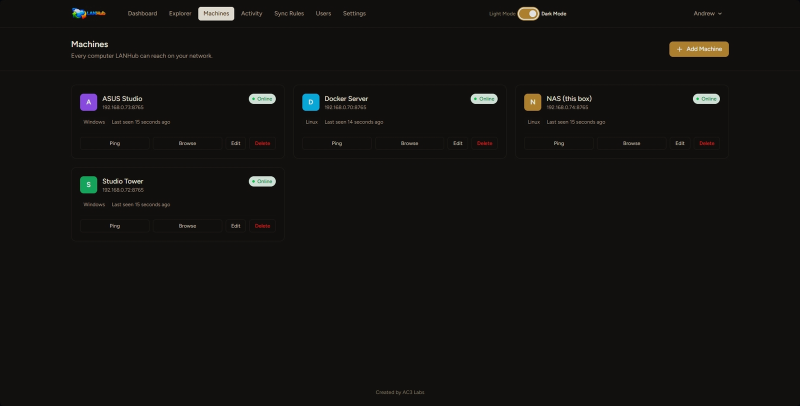 Machines page listing every registered computer with Ping, Browse, Edit, and Delete actions