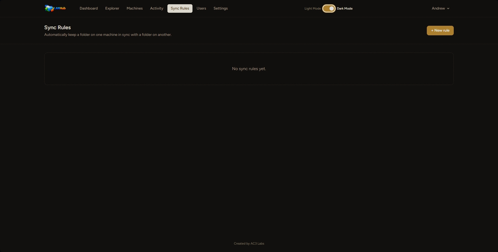 Sync Rules page with a New Rule button for scheduling folder sync between machines